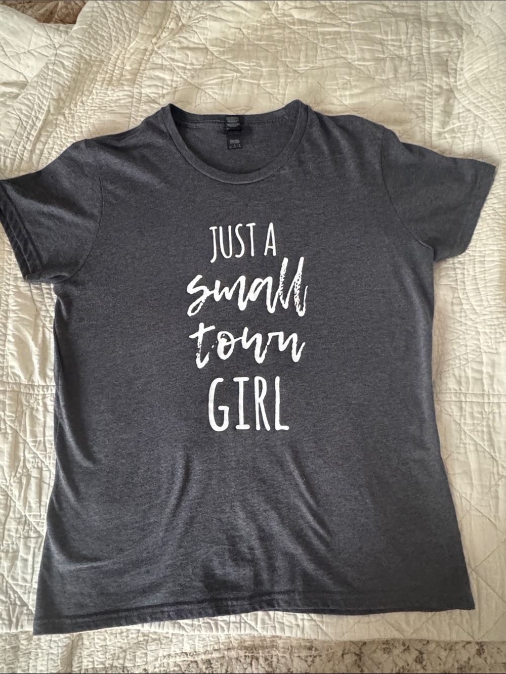 Anvil Charcoal Gray Short-Sleeve Tee with White 'Just A Small Town Girl' Graphic